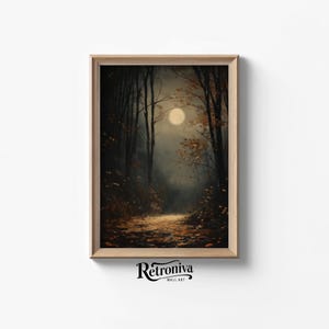 Paisaje de bosque oscuro bajo la luna Arte de pared vintage de Dark Academia / Pintura de bosque melancólico Impresión de arte rústico / Arte IMPRIMIBLE Retroniva NGT-016