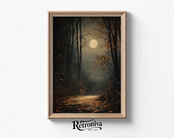 Dark Forest in the Moon Landscape Vintage Dark Academia Wall Art | Moody Forest Painting Rustic Art Print | Retroniva PRINTABLE Art NGT-016