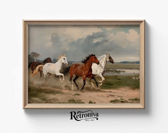 Wild Horses Running Country Oil Painting | Horse Print Vintage Western Wall Art | Digital Horse Artwork | Retroniva PRINTABLE Art ANM-002