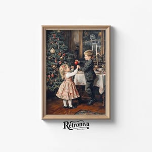 Children Decorating the Pine Tree Christmas Wall Art | Antique Victorian Portrait Vintage Oil Painting | Retroniva PRINTABLE Art PRT-015