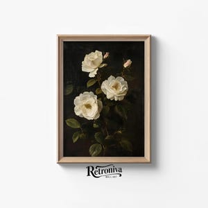 White Rose Painting Vintage Dark Academia Floral Still Life Wall Art ...