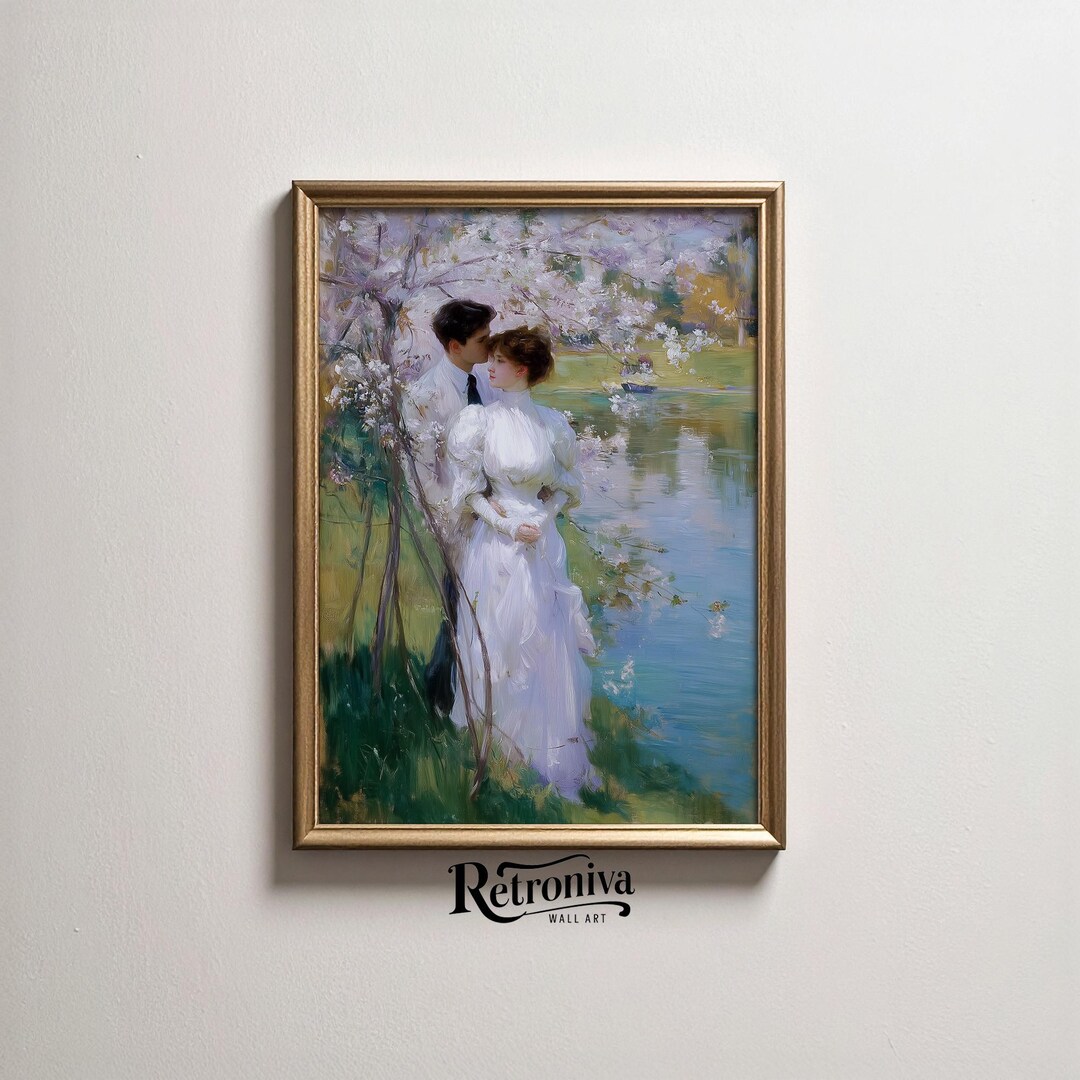 Engaged Couple by the Lake Vintage Couple Oil Painting | Romantic Art ...