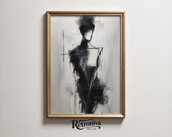 Black and White Abstract Woman Figure Painting Minimalist Modern Large Wall Art Print | Retroniva PRINTABLE Art ABS-026