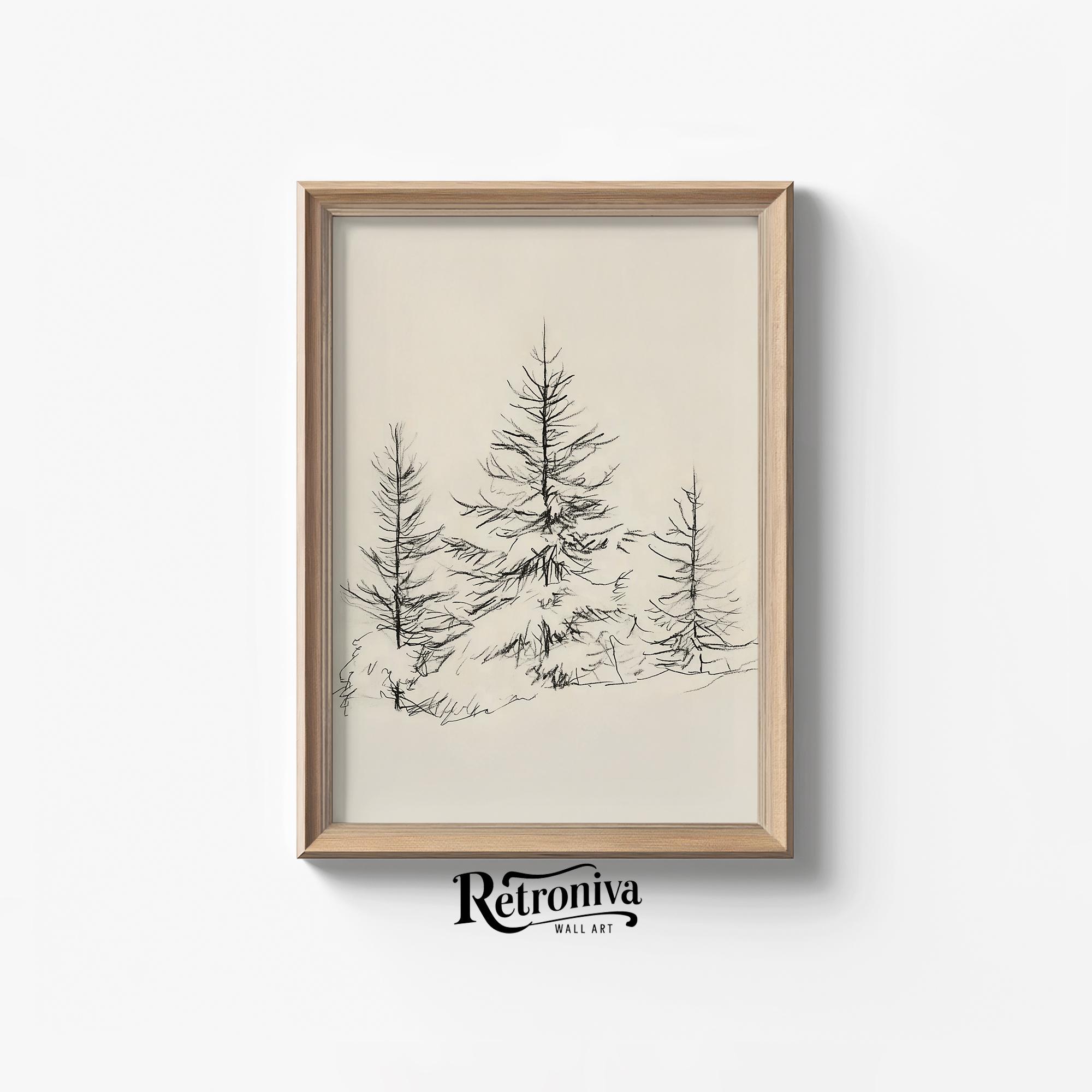 Winter Pine Tree Forest Vintage Sketch Drawing | Snowy Pine Tree Sketch Art Print Neutral Christmas Decor | Retroniva PRINTABLE Art SKT-014