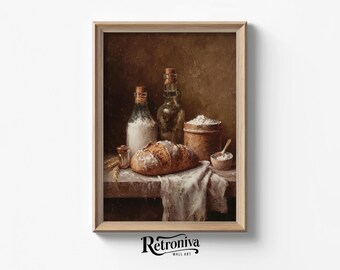 May include: A framed print depicting a still life with a loaf of bread, bottles, and flour. The bread is a golden brown colour, and the bottles are clear with cork stoppers. A white cloth is draped beneath the bread. The print is labelled "Retroniva Wall Art."