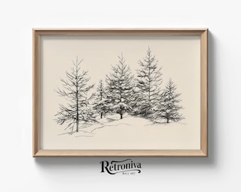 Snowy Pine Tree Vintage Sketch Art Print | Christmas Pine Forest Sketch Drawing Neutral Nursery Wall Decor | Retroniva PRINTABLE Art SKT-011