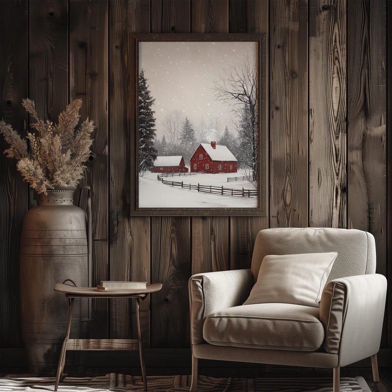 Vintage Red Barn Farmhouse Winter Landscape Painting | Snowy Christmas ...