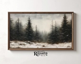 Winter Forest Landscape Painting Moody Snowy Pine Trees Frame TV Art | Rustic Farmhouse Wall Decor | Retroniva DIGITAL Art TV-002