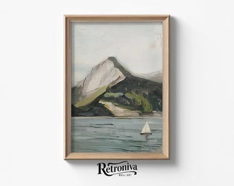 Sailboat Near the Mountain Vintage Oil Painting | Rustic Seascape Art Print Nautical Wall Art | Retroniva PRINTABLE Art SUM-043