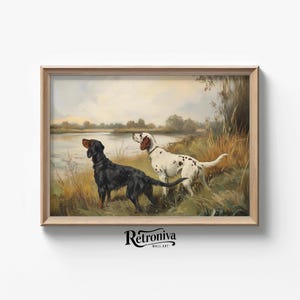 Ziel verschlossene Jagdhunde im See Tier Wandkunst | Rustikale Landschaft Vintage Ölgemälde | Retroniva DRUCKBARE Kunst ANM-024