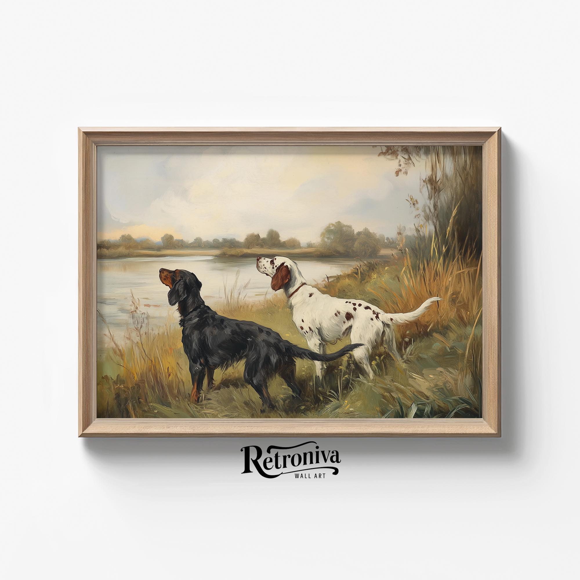 Target Locked Hunting Dogs in Lake Animal Wall Art | Rustic Country Landscape Vintage Oil Painting | Retroniva PRINTABLE Art ANM-024