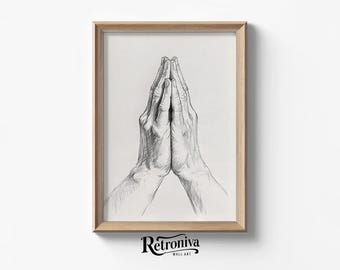 Op de afbeelding: Een zwart-witte lijntekening van twee handen die in gebed zijn gevouwen.