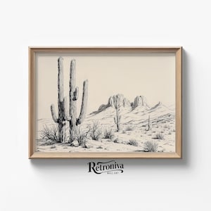 Vintage Wüstenlandschaft mit Kaktus-Skizze, die Western Wall Art | Landhaus Wanddekor | Retroniva DRUCKBARE Kunst SKT-035