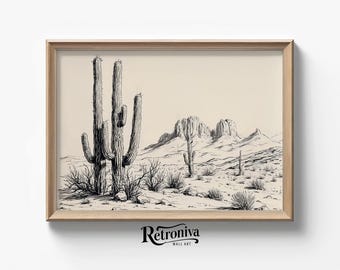 Vintage Desert Landscape with Cactus Sketch Drawing Western Wall Art | Country Farmhouse Wall Decor | Retroniva PRINTABLE Art SKT-035