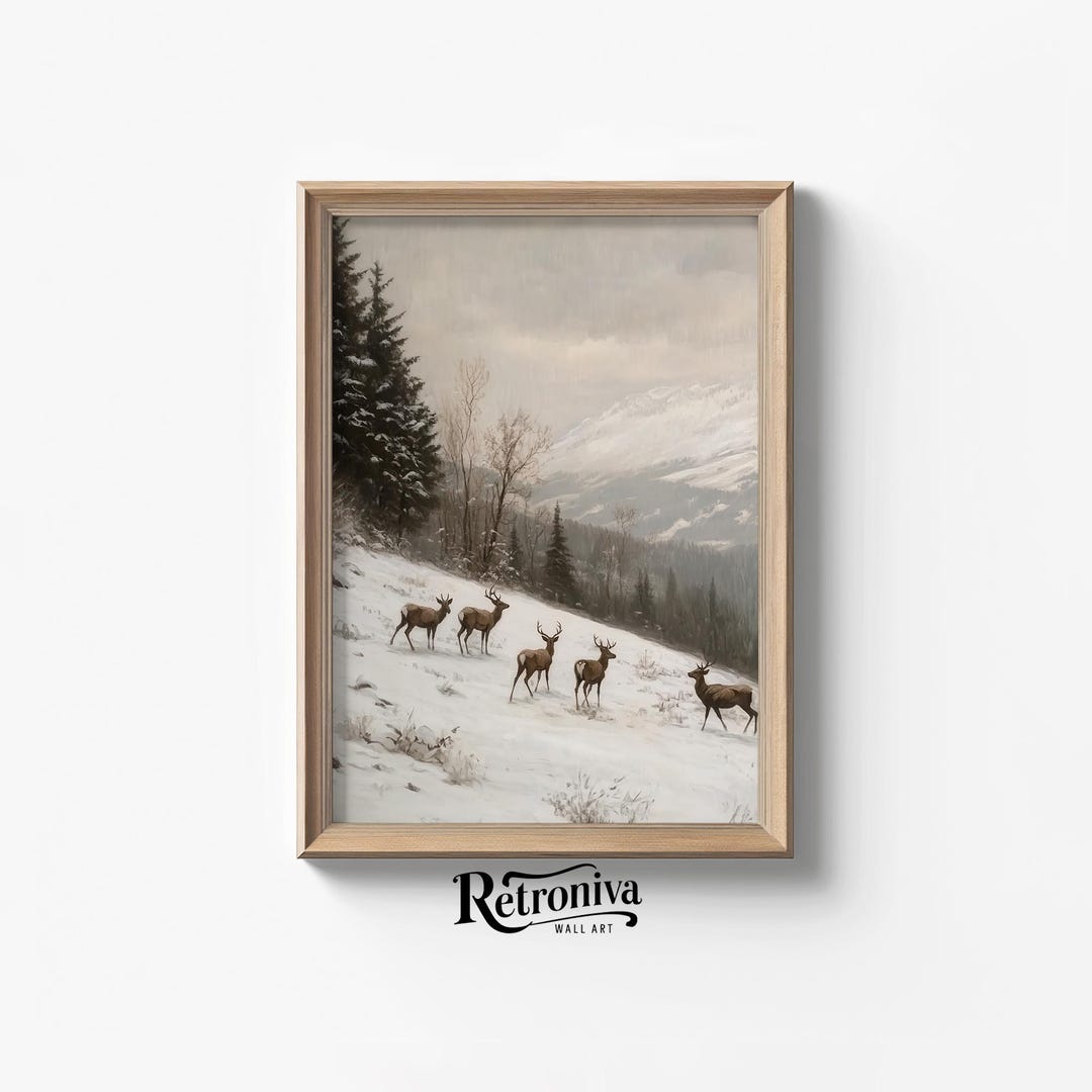 Deer in Snowy Winter Landscape Vintage Oil Painting | Rustic Country ...