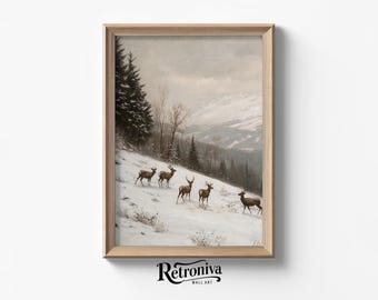 May include: A painting of a snowy mountain landscape with a group of deer walking through the snow. The deer are brown and have antlers. The mountains are in the background and are covered in snow. The sky is a light blue color.