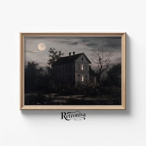 Pintura al óleo de paisaje de casa rústica a la luz de la luna / Arte de pared de estilo cottagecore oscuro y melancólico Impresión Dark Academia / Arte IMPRIMIBLE Retroniva NGT-008