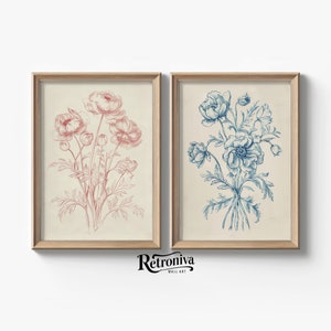 Ensemble d'impressions de croquis de fleurs roses et bleues | Ensemble de galerie de dessins floraux | impression d'art murale vintage de chambre à coucher | Art imprimable Retroniva SET-003
