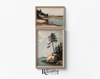 Vintage Coastal Landscape Gallery Wall Art | Set of 2 Nautical Painting Country Art Print Farmhouse Decor | Retroniva PRINTABLE Art SET-019