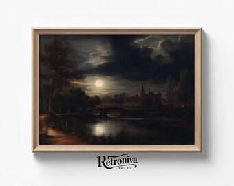 Mysterious Night Landscape Vintage Moody Wall Art | Moonlight Painting Dark Academia Gothic Wall Decor | Retroniva PRINTABLE Art NGT-009