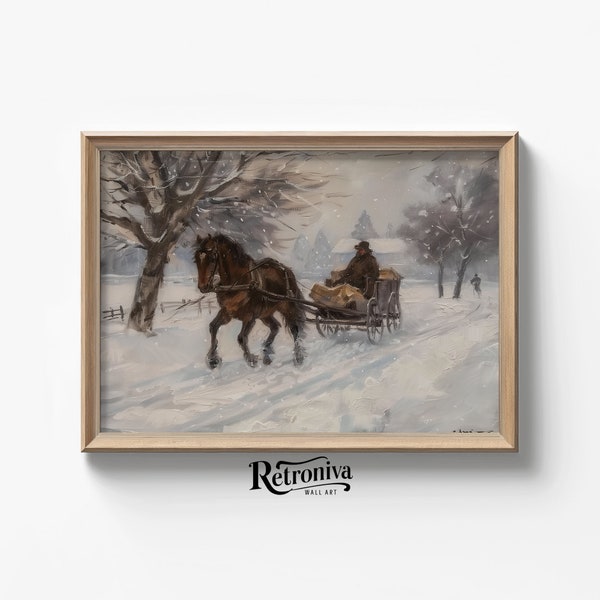 Winter Sleigh Horse Carriage Painting | Winter Snowstorm Wall Art | Vintage Winter Landscape Oil Painting | Retroniva Printable Art WNT-001