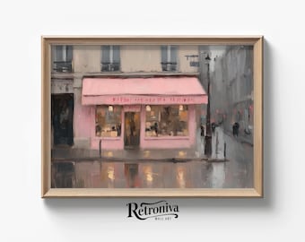 Pink Shop in the Rain Cityscape Vintage Oil Painting | European Architecture Art Print Moody Wall Decor | Retroniva PRINTABLE Art ARC-015