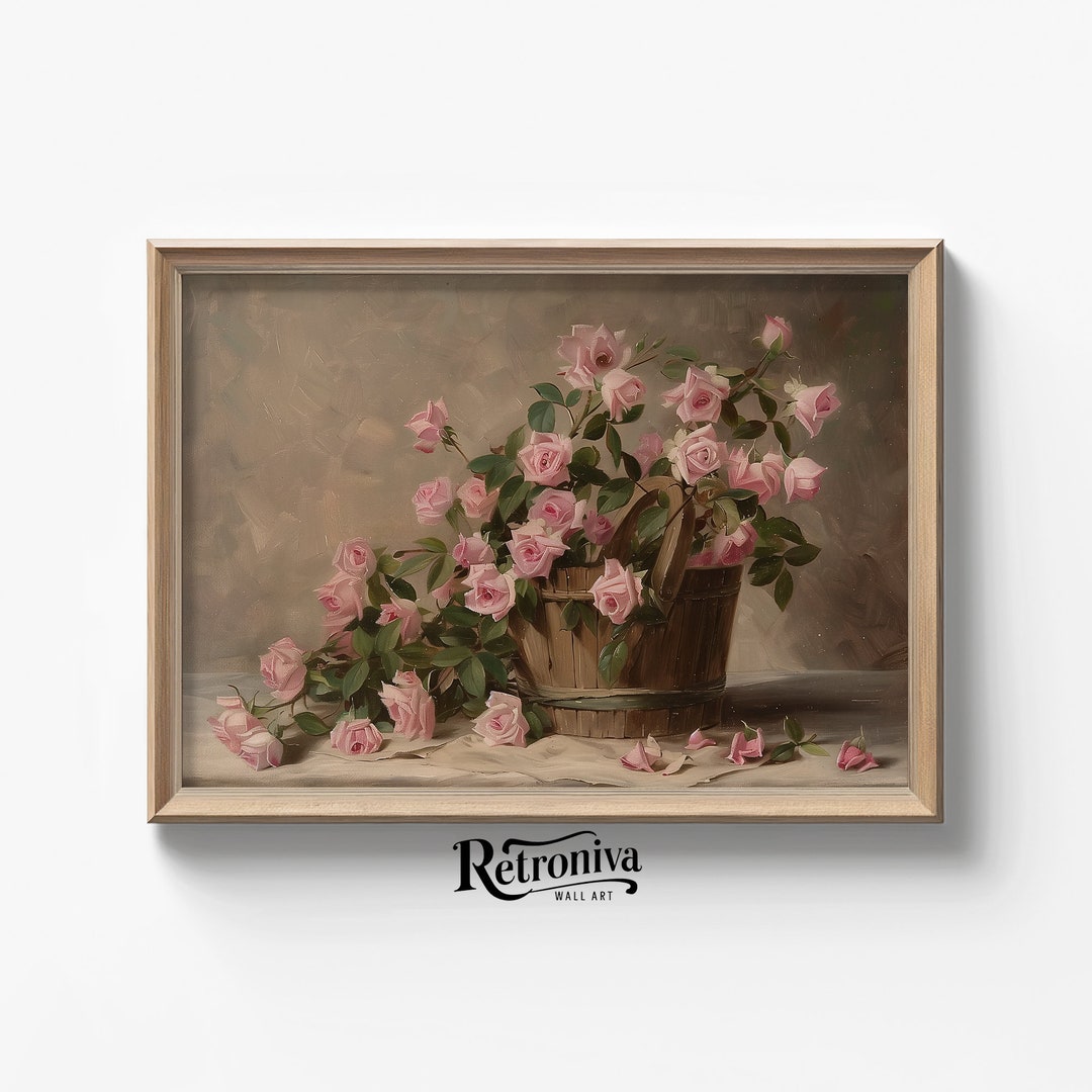Pink Roses in Basket Vintage Still Life Botanical Wall Art | Flower Art ...