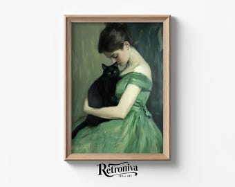 Victorian Woman with Black Cat Vintage Portrait Oil Painting | Moody Antique Art Print Farmhouse Decor | Retroniva PRINTABLE Art PRT-027
