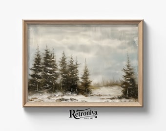 Rustic Winter Forest Painting | Pine Forest Wall Art | Snowy Winter Landscape Oil Painting | Winter Decor | Retroniva Printable Art WNT-002