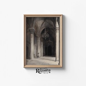 The watercolor architectural scene is displayed in a modern wooden frame with the moody church art.