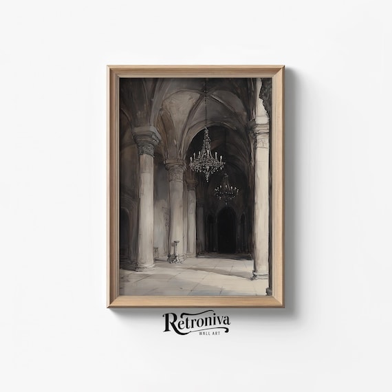 Abandoned Church Scene Vintage Architecture Neutral Wall Art | Moody Architecture Art Watercolor Painting | Retroniva PRINTABLE Art ARC-009
