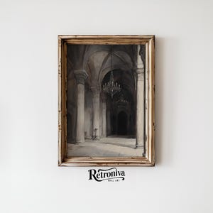 The watercolor architectural scene is displayed in a vintage wooden frame with the moody church art.