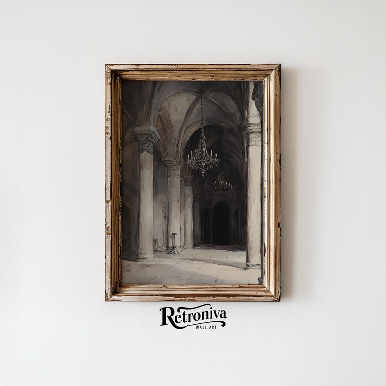 The watercolor architectural scene is displayed in a vintage wooden frame with the moody church art.