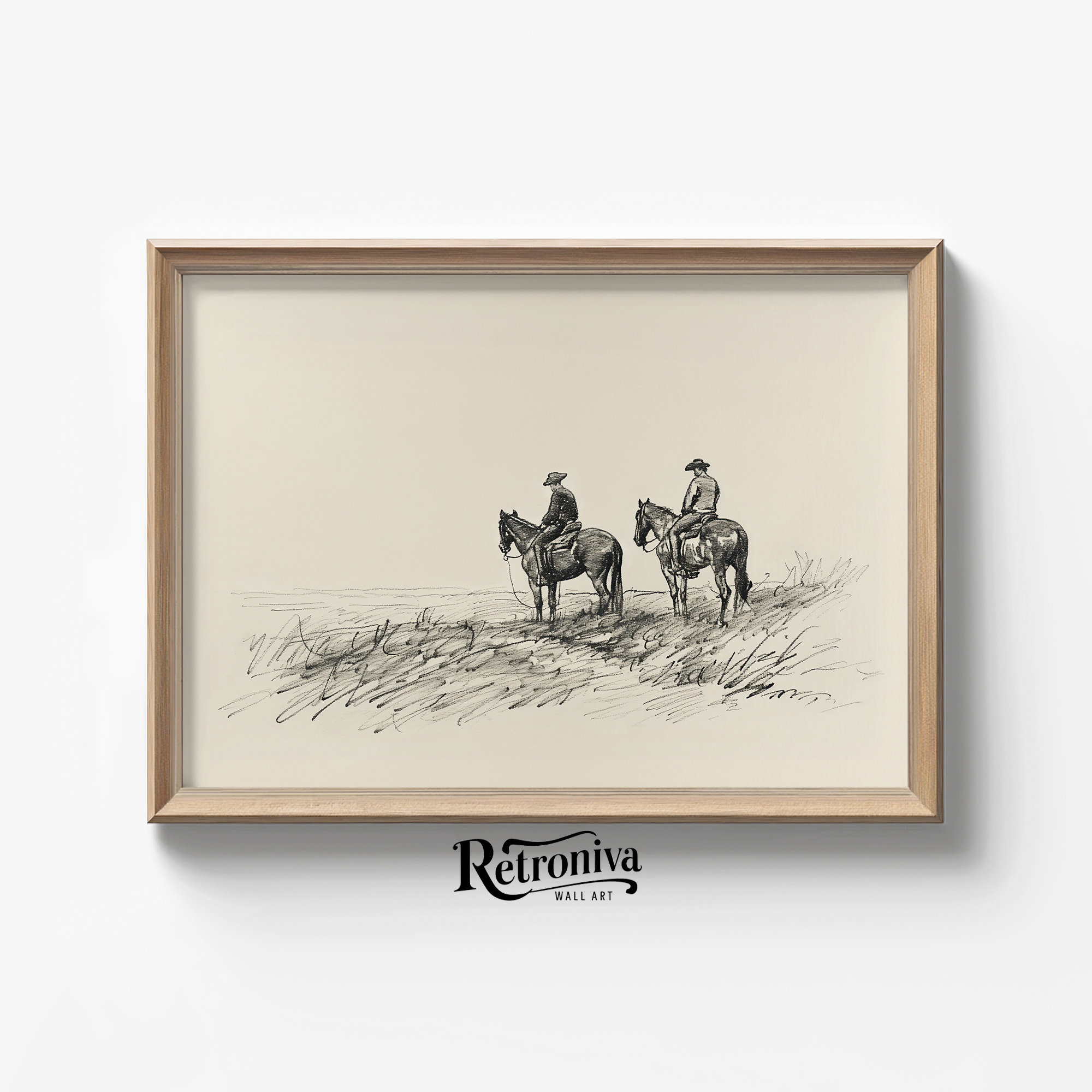 Cowboys on Horses Sketch Print Western Wall Art | Vintage Horse Sketch | Farmhouse Wall Decor Country Art | Retroniva PRINTABLE Art SKT-003