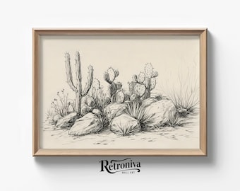 Desert Plants and Cactus Landscape Vintage Sketch Art Print | Western Farmhouse Sketch Drawing Wall Decor | Retroniva PRINTABLE Art SKT-041
