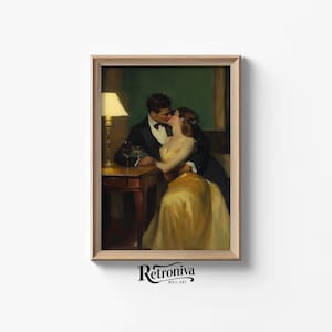Couple Kissing on Romantic Night Vintage Oil Painting | Romantic Couple Art Print Victorian Wall Decor | Retroniva PRINTABLE Art CPL-019