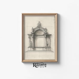 May include: A framed pencil sketch of an architectural design. The artwork depicts a classical structure with an arched opening, statues, and ornate details. The frame is made of light-colored wood. The artwork is labeled "Retroniva Wall Art".