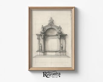 May include: A framed pencil sketch of an architectural design. The artwork depicts a classical structure with an arched opening, statues, and ornate details. The frame is made of light-colored wood. The artwork is labeled "Retroniva Wall Art".