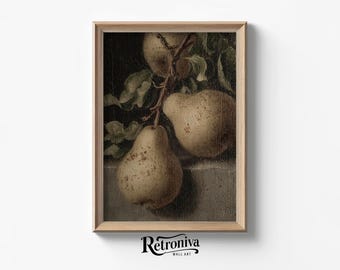 Könnte beinhalten: Gerahmtes Vintage-Stillleben-Gemälde mit mehreren Birnen an einem Zweig mit grünen Blättern. Die Birnen sind hellgelb mit braunen Flecken. Das Gemälde befindet sich in einem Holzrahmen.