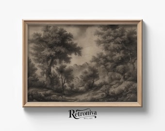 Oak Tree Etching Drawing Vintage Sketch Wall Art | Rustic Forest Art Print Moody Farmhouse Wall Decor | Retroniva PRINTABLE Art SKT-056