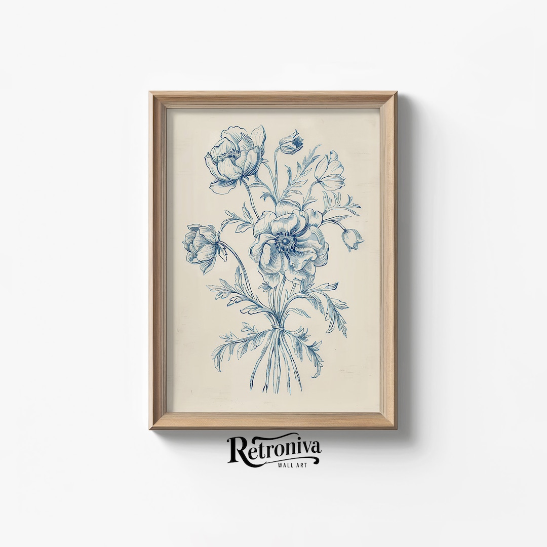 Vintage Blue Flower Bouquet Sketch Art Print | Antique Flower Drawing ...