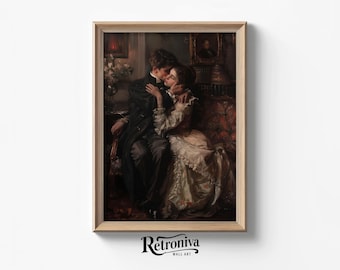 Victorian Romantic Couple Vintage Painting | Antique Dark Academia Art Print | Kiss Couple Love Wall Art | Retroniva PRINTABLE Art CPL-005