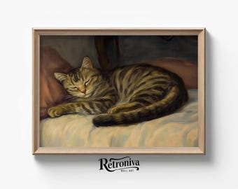 Sleeping Cat Portrait Vintage Animal Wall Art | Animal Art Print Cat Oil Painting Nursery Wall Decor | Retroniva PRINTABLE Art ANM-034