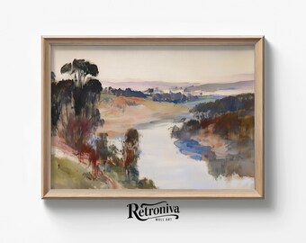 Country River Landscape Watercolor Painting Rustic Farmhouse Decor | Vintage Landscape Digital Wall Art | Retroniva PRINTABLE Art LND-001