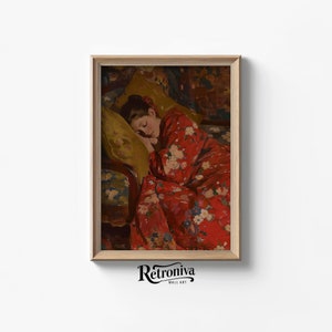 Tired Woman Sleeping in Red Kimono Vintage Portrait Oil Painting | People Portrait Wall Art Print | Retroniva PRINTABLE Art PRT-003