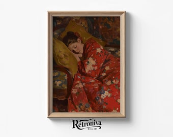 Tired Woman Sleeping in Red Kimono Vintage Portrait Oil Painting | People Portrait Wall Art Print | Retroniva PRINTABLE Art PRT-003