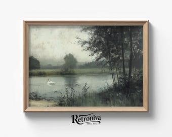 Mutiger See mit weißem Schwan Landschaftsbild Vintage | antik rustikal Kunstdruck Landhaus Bauernhaus Dekor | Retroniva DRUCKBARE Kunst LND-016