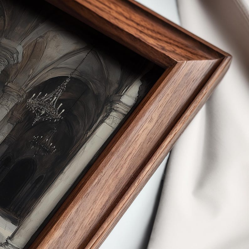 The watercolor painting architectural landscape is closely displayed in a dark wooden frame. The details and brushstrokes in the artwork look very realistic.
