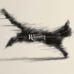 May include: An abstract black and white illustration featuring a dynamic, blurred shape resembling a leaping animal. The word "Retroniva" is centered in a stylized font, with a horizontal white line beneath it.