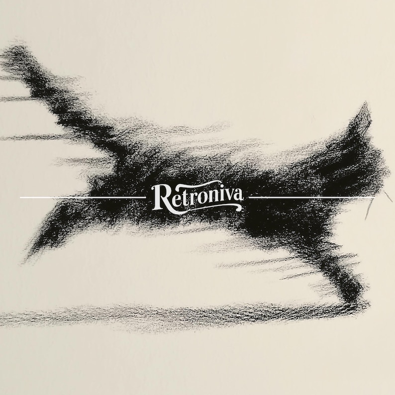 May include: An abstract black and white illustration featuring a dynamic, blurred shape resembling a leaping animal. The word "Retroniva" is centered in a stylized font, with a horizontal white line beneath it.